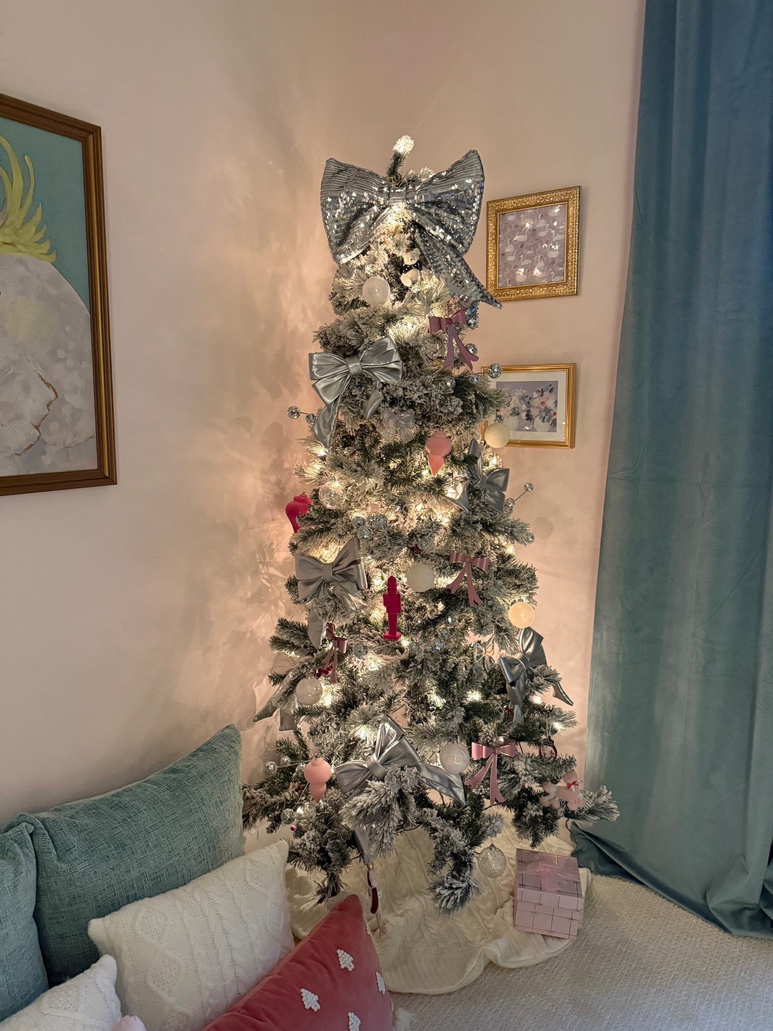 Little girl nursery bedroom holiday Christmas tree! Disco ball and bows! Pink and silver! 
Velvet turquoise teal blackout curtains! 

#LTKSeasonal #LTKHoliday #LTKKids