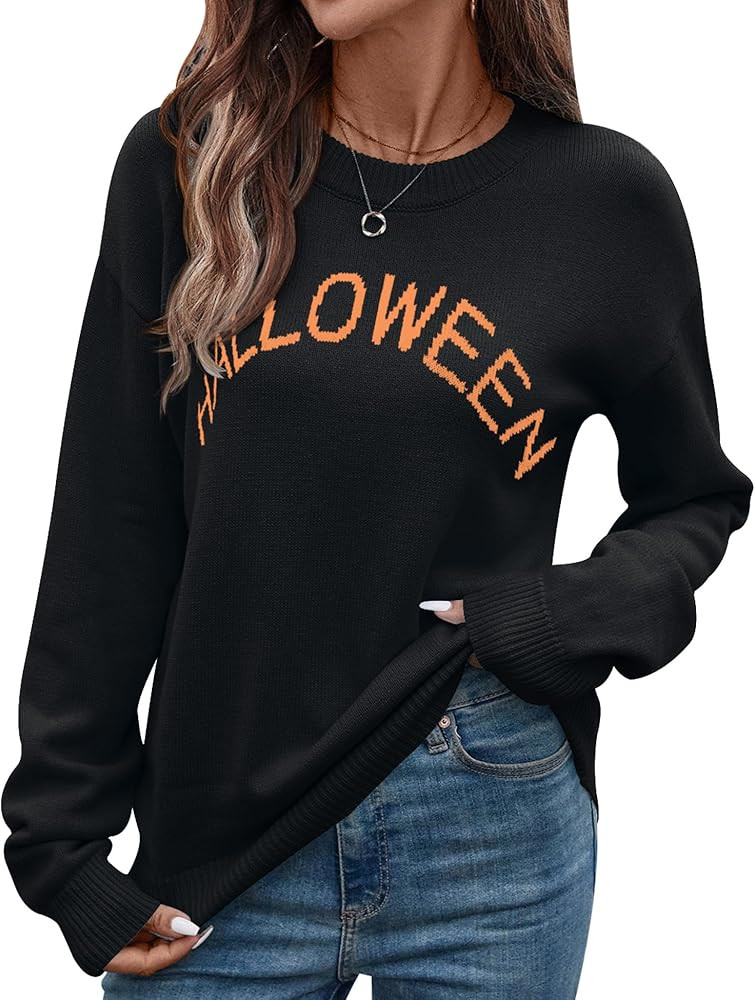 IECCP Women’s Graphic Sweater Casual Knit Pullover Drop Shoulder Long Sleeves Crewneck Soft Jum... | Amazon (US)