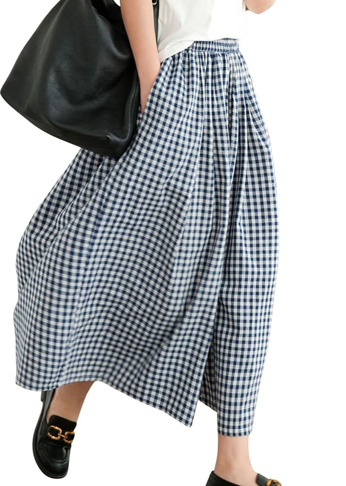 chouyatou Women's Cotton Linen Pants Elastic Waist Plaid Gingham Wide Leg Capri Palazzo Pants | Amazon (US)