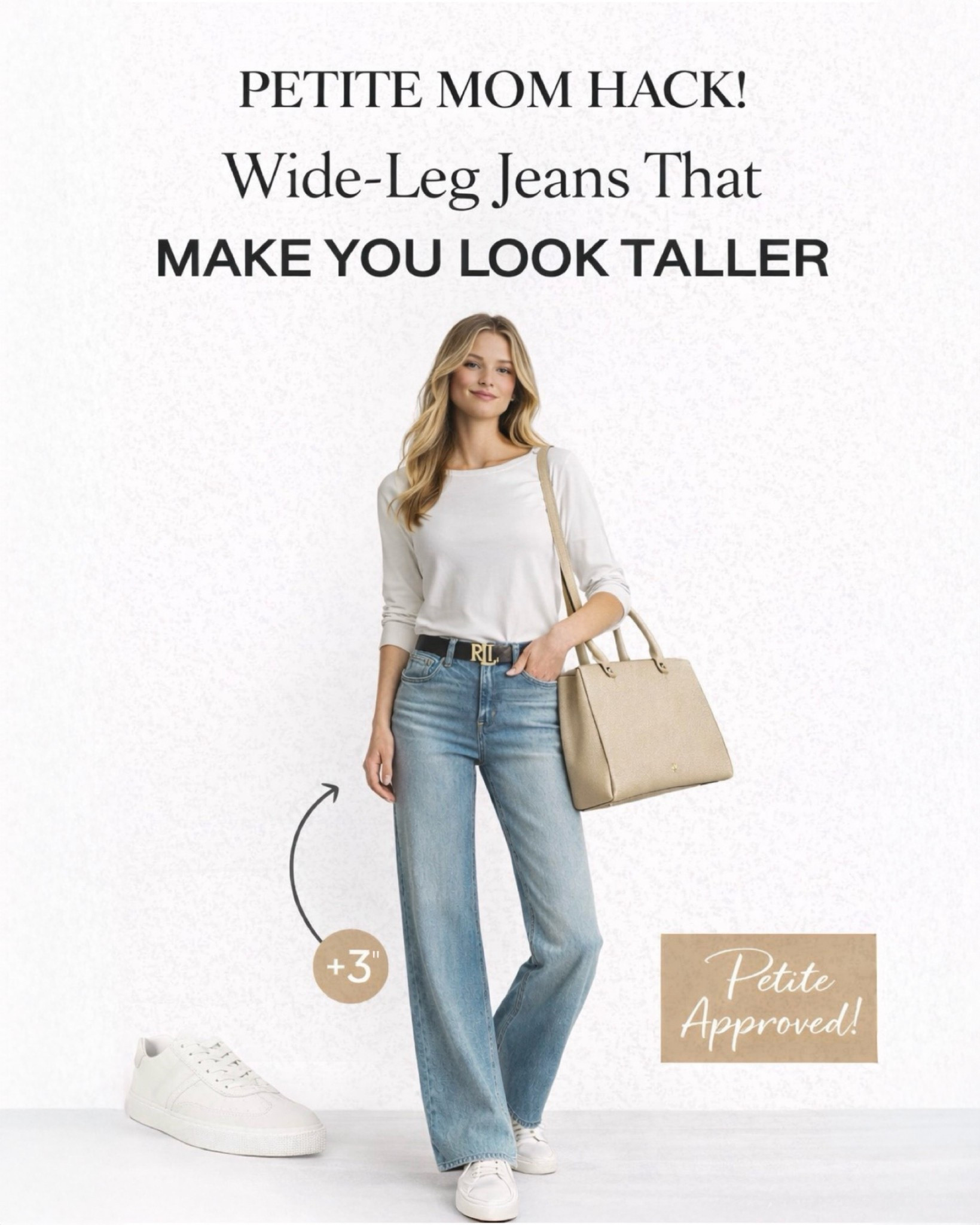Petite mom hack 🤍

Wide-leg jeans that actually make you look taller - especially when paired with clean white sneakers. The high waist + long line gives that effortless leg-lengthening effect without heels.

Linking this comfy everyday outfit that’s perfect for school drop-off, errands, and casual days.

Shop the jeans, sneakers, and bag in my LTK 👇✨

#petitestyle #momstyle #widelegjeans 

#LTKSpringSale #LTKootd #LTKmomlife