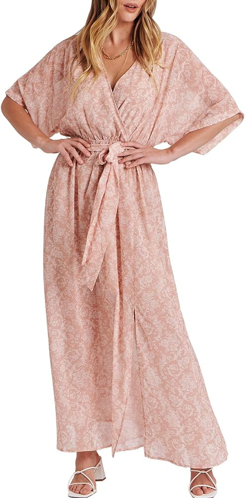 ANRABESS Women’s Summer Loose Boho Flowy Wrap V Neck 3/4 Sleeve Floral Print Slit Beach Wedding... | Amazon (US)