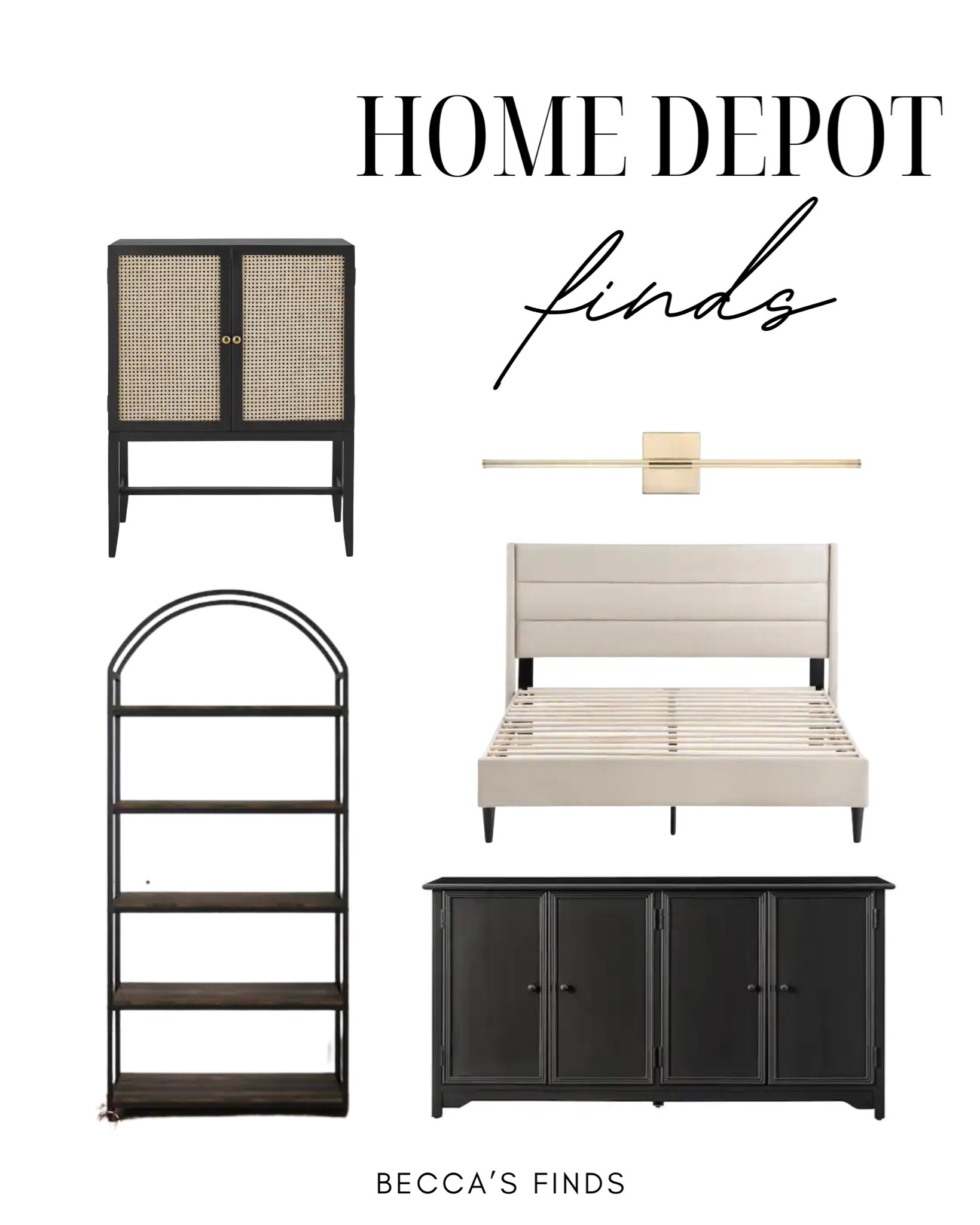 Home Depot furniture decor finds 

Black console, arched bookcase, upholstered bed, sconces, bar cabinet 

#LTKfamily #LTKhome #LTKsalealert