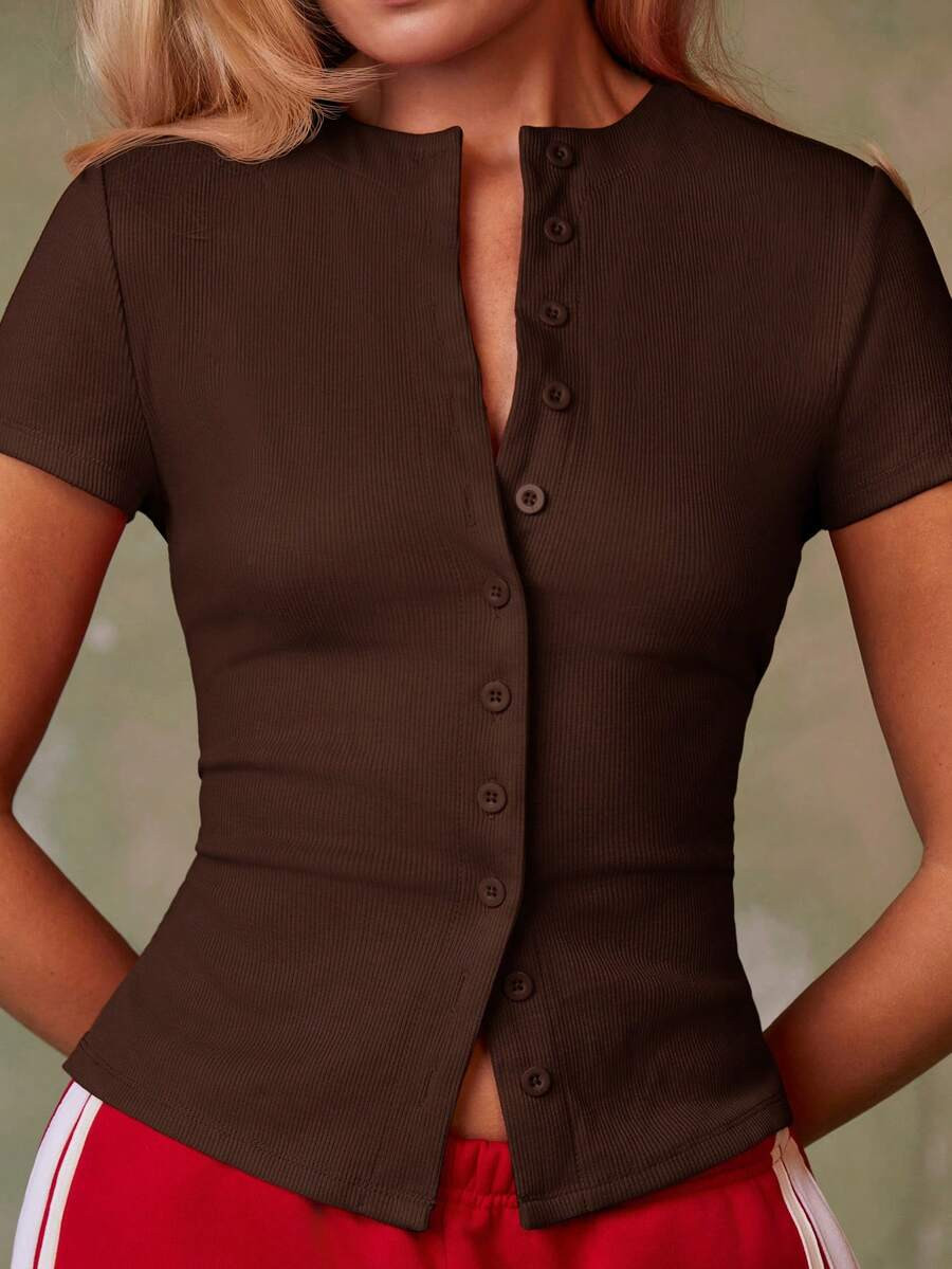 Athîral Women's Solid Color Single-Breasted Fitted Casual Daily Wear Short Sleeve Top Everyday Going Out Brown Summer Tops | SHEIN