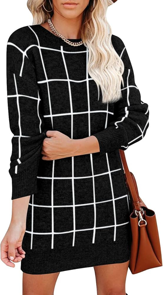 Spadehill Women Casual Crew Neck Knit Plaid Pullover Sweater Dress | Amazon (US)