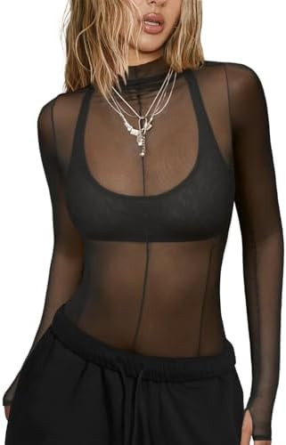 Mesh Sheer Long Sleeve Layering Tops for Women Mock Neck Sexy Going Out Lace Tee Shirt See Throug... | Amazon (US)