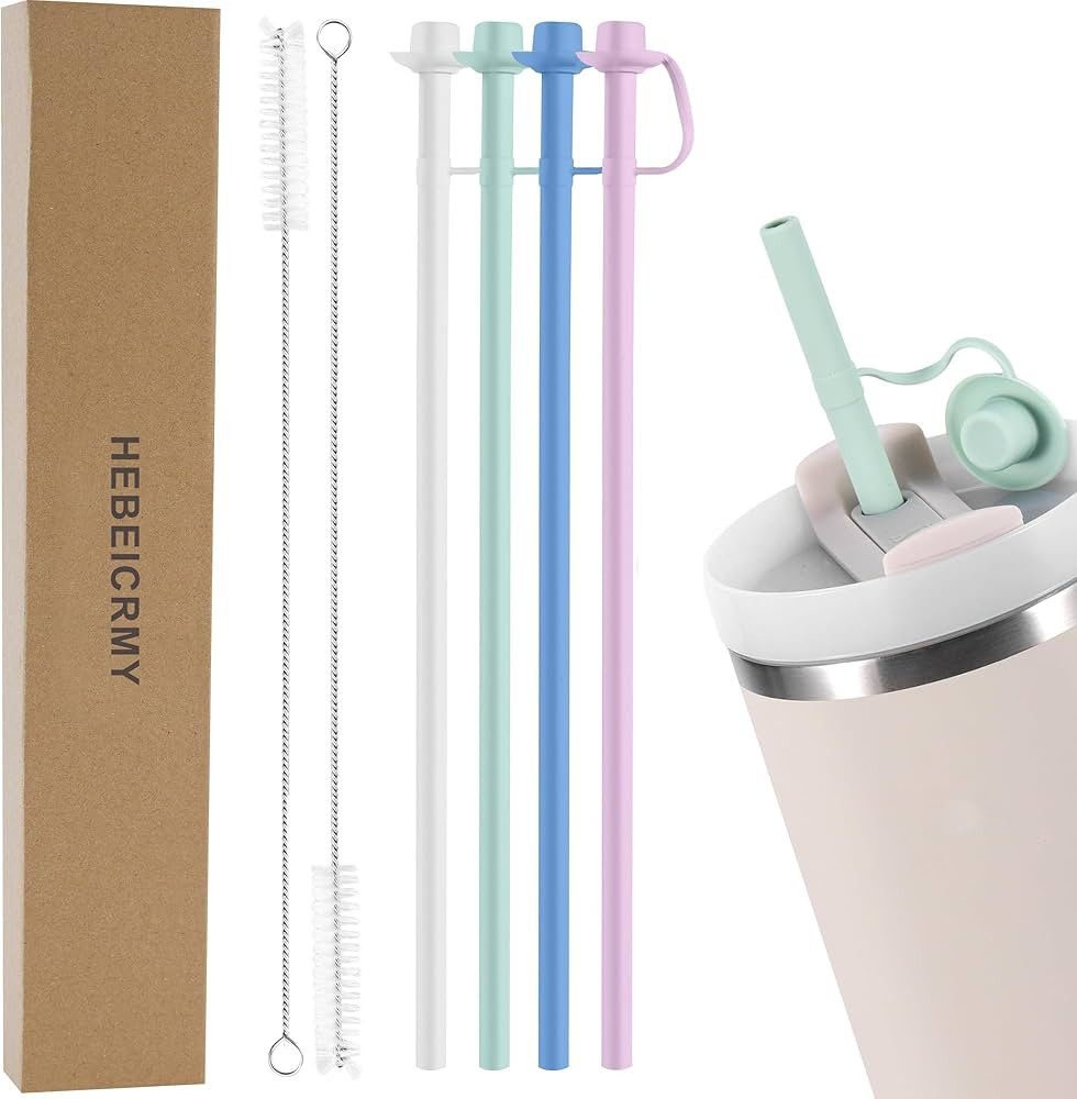 4 PCS Reusable 12 inch Long Silicone Straws with Cowboy Straws Cover Cap for Stanley Cup 40 oz 30... | Amazon (US)