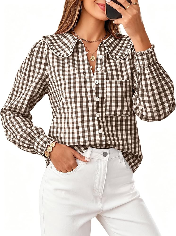 SimpleFun Button Down Shirts for Women Long Sleeve Blouse Gingham Work Tops | Amazon (US)