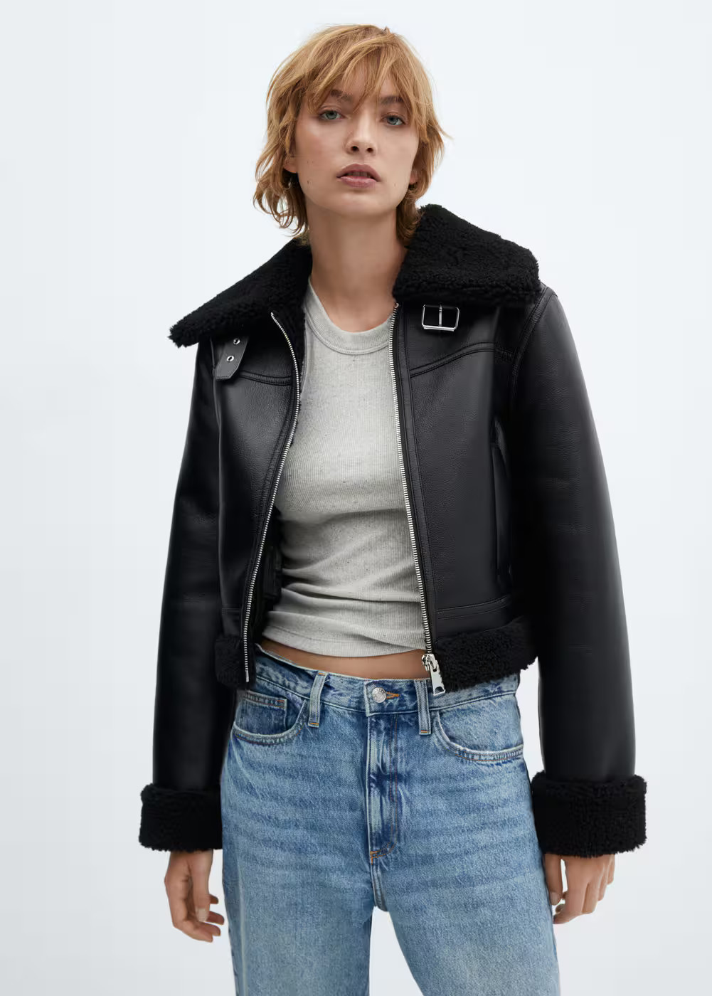 Faux shearling-lined biker jacket -  Women | Mango USA | MANGO (US)