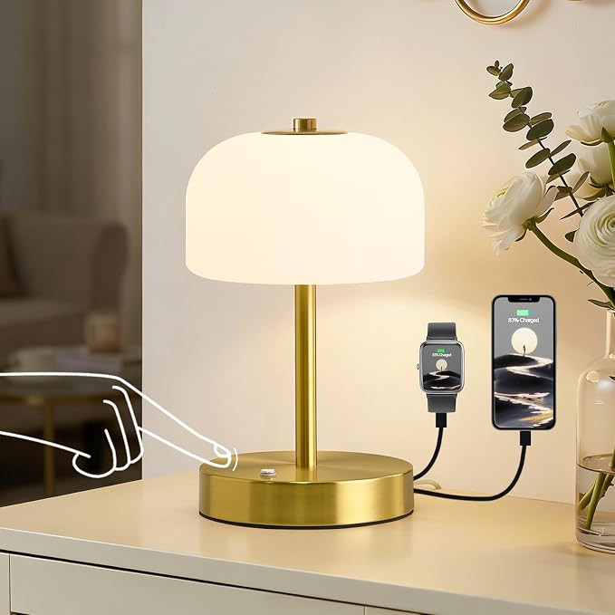 9" Corded Touch Control Gold Table Lamp with USB A+C Charging Ports, Dimmable LED Bedside Lamp wi... | Amazon (US)