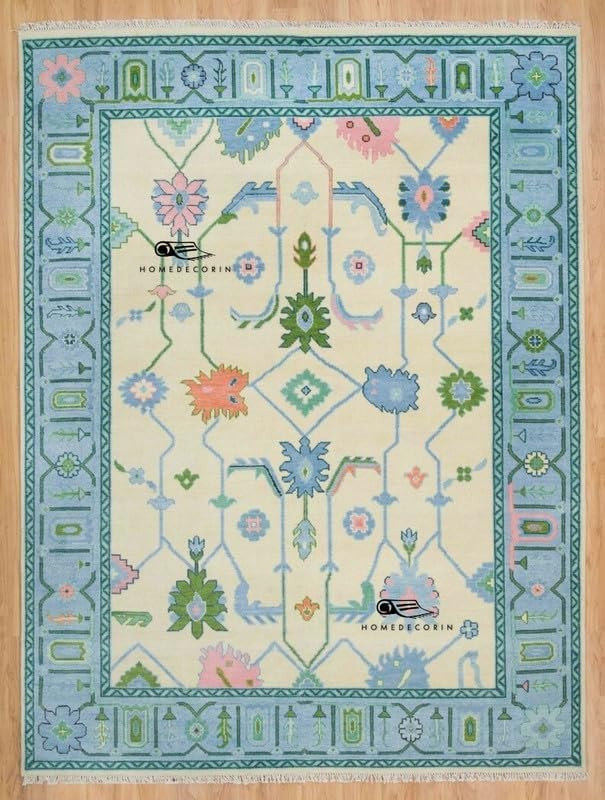 Colorful Area Rug| Oushak Rug in Ivory, Powder Blue, Grass Green & Raspberry Pink| Modern Floral ... | Amazon (US)