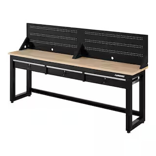 Ready-To-Assemble 96 in. W x 20 in. 3-Drawer Black Workbench with Solid Wood Top and Pegboard | The Home Depot