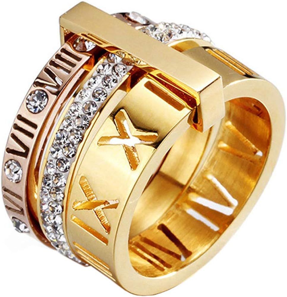 UNAPHYO Women's Stainless Steel Roman Numeral Ring with Cubic Zirconia Engagement Wedding Trinity Ba | Amazon (US)