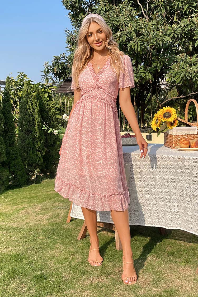 Shakira V-neck Flared Sleeve A-Shape Dress | Cupshe