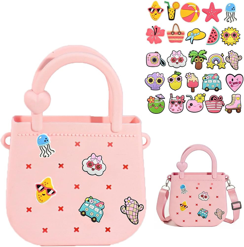 Mini Silicone Tote Bag, Rubber Beach Tote with Adjustable Strap and 25pcs Cute Decorations for Li... | Amazon (US)