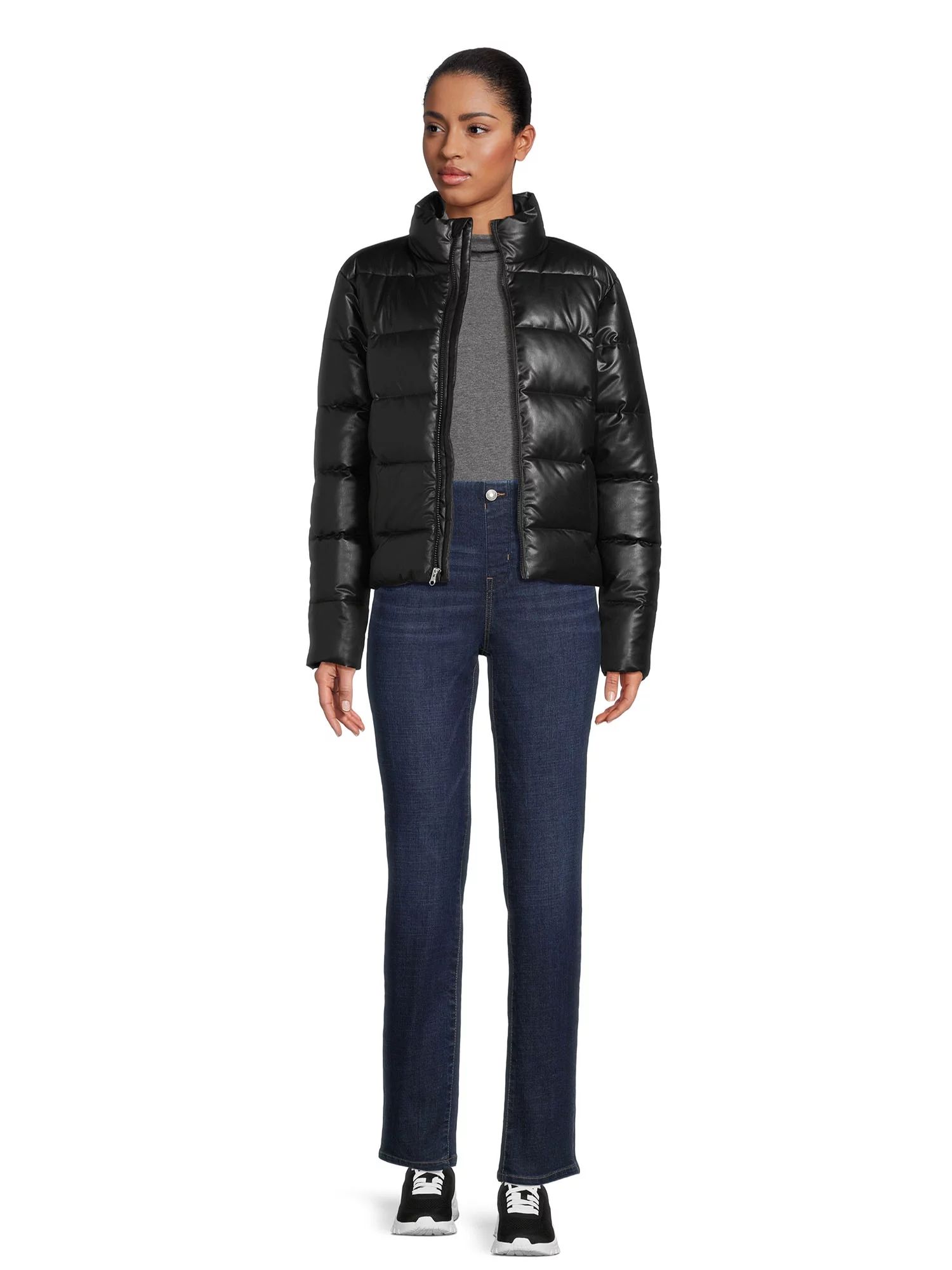 Time and Tru Women's Short Faux Leather Puffer Jacket, Sizes XS-3X | Walmart (US)