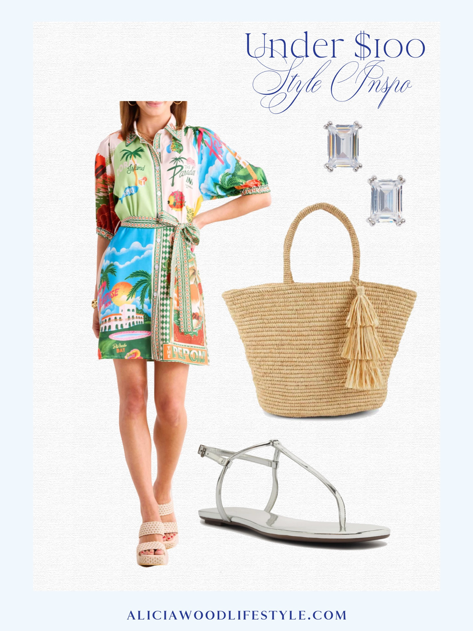 Under $100 
Silver metallic sandal
Straw tote 
Diamond stud earrings 
Tropical print dress 

#LTKOver40 #LTKSeasonal #LTKStyleTip