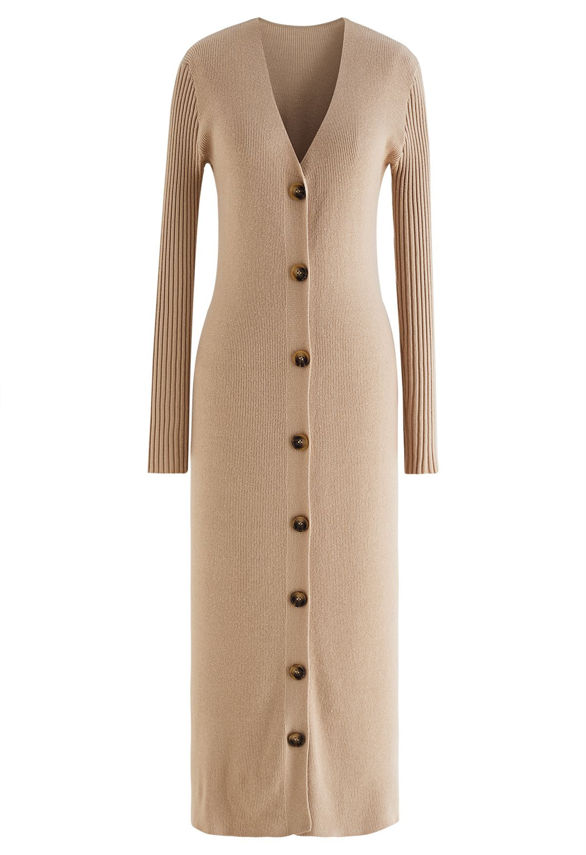 V-Neck Button Down Knit Midi Dress in Light Tan | Chicwish