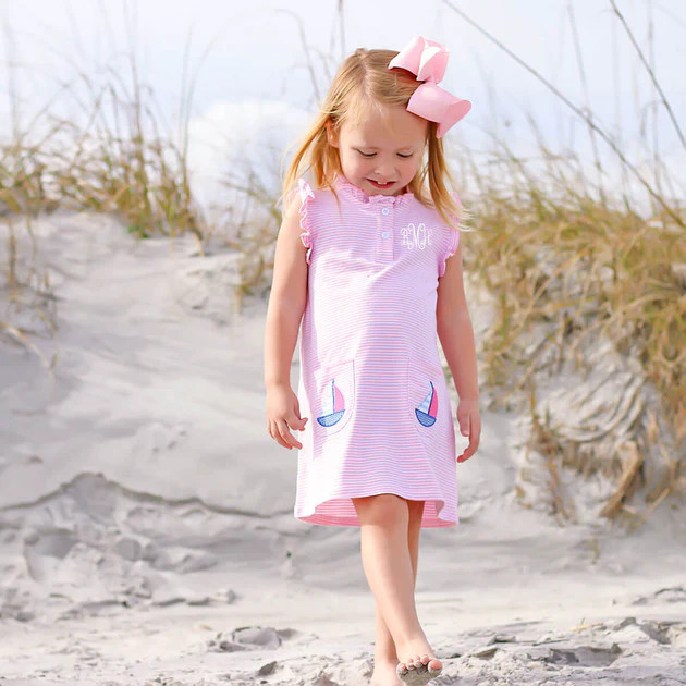 Sailboat Applique Pink Stripe Nicole Dress | Classic Whimsy