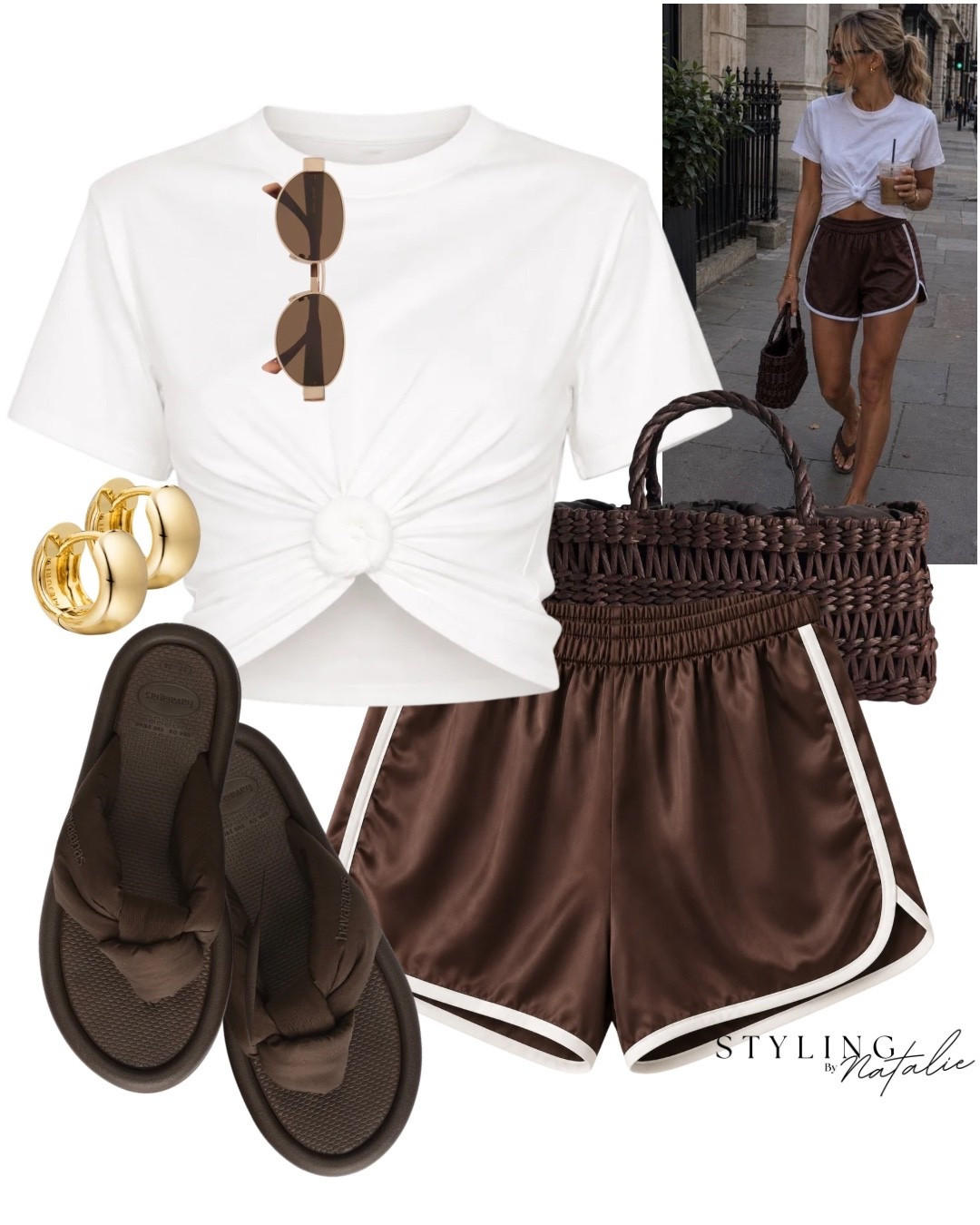 Summer shorts🤎 
White crop knot top, brown satin runner shorts with white trim, brown puffy Havaianas sandals, woven tote bag, Celine sunglasses and chunky gold hoops. 

🏷️ Summer outfit, everyday look, pull on shorts, sporty chic, track shorts, sprinter shorts, casual cool girl style.

#LTKuk #LTKsummer #LTKstyletip