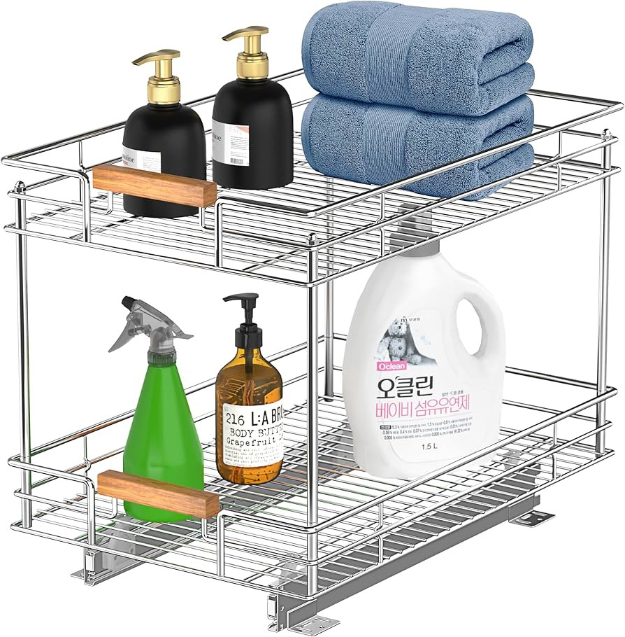 Pull Out Cabinet Organizer(14" W x 21" D), 2 Tier Slide Out Shelves with Wood Handle, Sliding Dra... | Amazon (US)