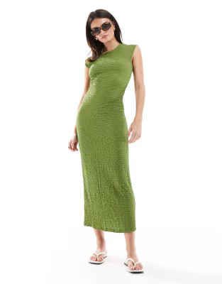 Mango cap sleeve texture midi dress in green | ASOS (Global)