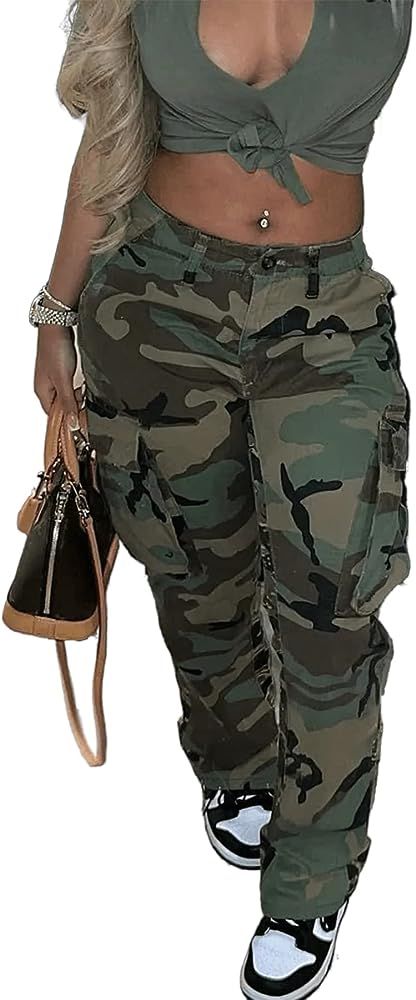 Womens Camo Cargo High Waist Pants Camouflage Military Elastic Trousers with Pockets | Amazon (US)