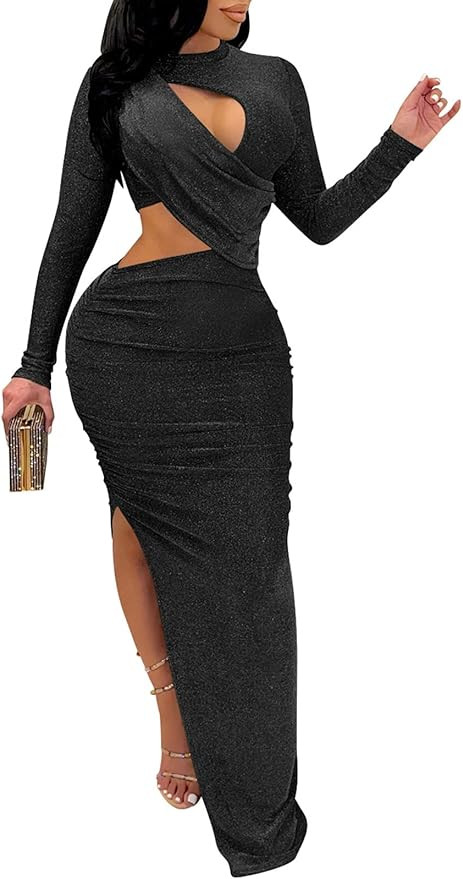 Famnbro Women's Sparkly Cut Out Dresses Wrap Ruched Bodycon High Split Cocktail Party Maxi Dress | Amazon (US)