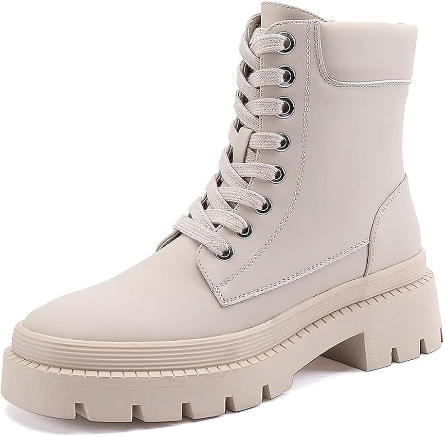 Amazon.com | EETTARO Women's Lace Up Ankle Boots Low Heel Military Combat Booties Ladies Mid Calf... | Amazon (US)