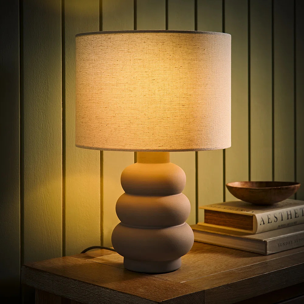 Rochelle Natural Linen Drum Shade Grey Bubble Stack Ceramic Stoneware Table Lamp | Wayfair UK