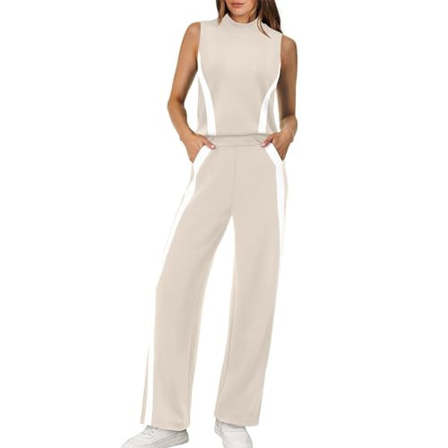 Two Piece Sets for Women Summer Outfits Mock Neck Sleeveless Tops and Wide Leg Pants Lounge Sets Travel Vacation Clothes Beige | Amazon (US)