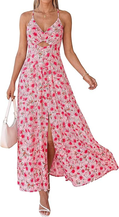 BTFBM Summer Dresses for Women 2026 Spring Floral Spaghetti Strap Smocked Cutout Maxi Dress Resor... | Amazon (US)