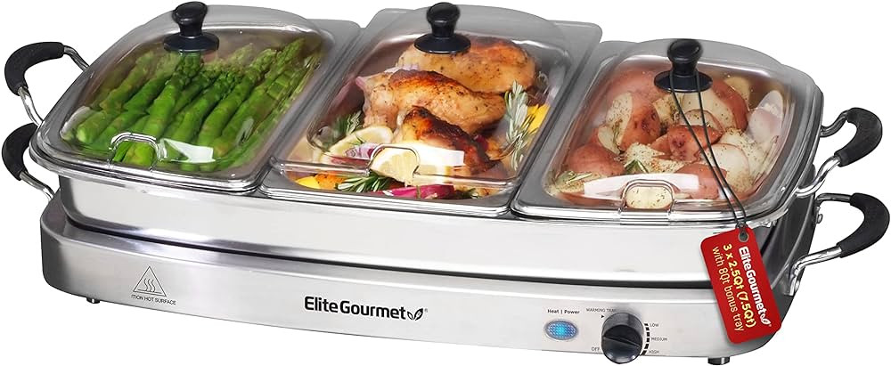 Elite Gourmet EWM-9933 Triple 3 x 2.5 Quart Trays Buffet Server 7.5 Qt Oven Safe Pan Food Warmer,... | Amazon (US)