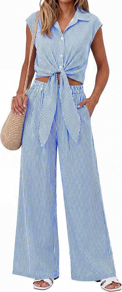 PRETTYGARDEN 2 Piece Sets For Women Summer Striped Button Down Tie Front Crop Tops Wide Leg Pants... | Amazon (US)