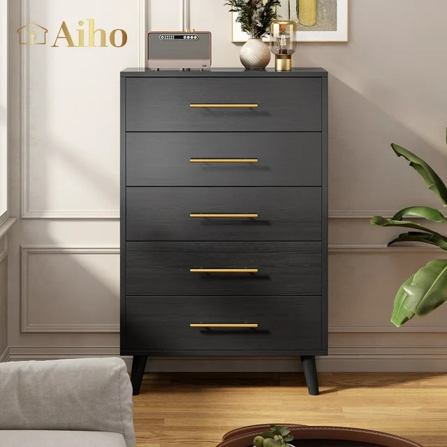 Aiho 5 Drawer Wood Dressers, Wide Chest of Drawers with Gold Handles for Living Room , Black | Walmart (US)