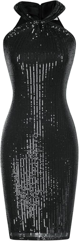 GRACE KARIN Women Sleeveless Sequin Dress Sparkly Glitter Halter Dress Bodycon Mini Club Dresses | Amazon (US)