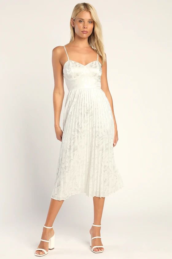 Chic Sensibility White Satin Jacquard Pleated Midi Dress | Lulus (US)