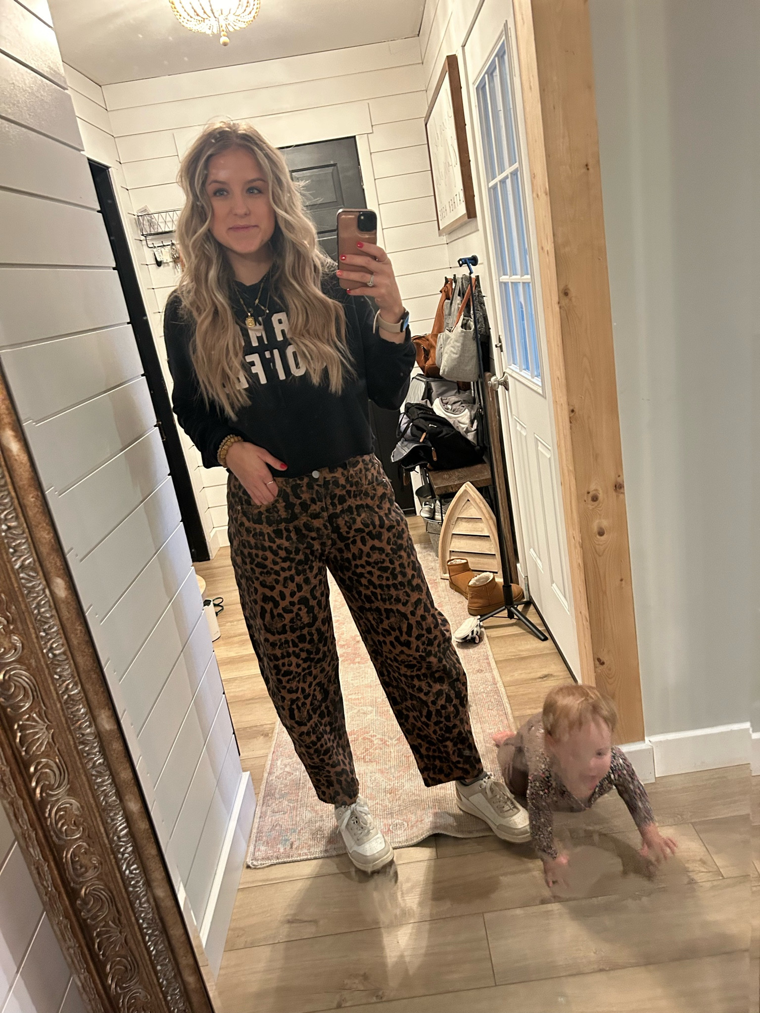 Rainy Monday outfit. Size medium barrel cheetah jeans. They run oversized!