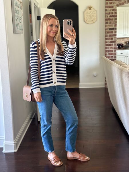 Work OOTD. Love this striped cardigan. Will look cute with a tennis skirt too. Wearing my normal size but probably could have sized down. It is currently 50% off! 

#LTKstyletip #LTKworkwear #LTKsalealert