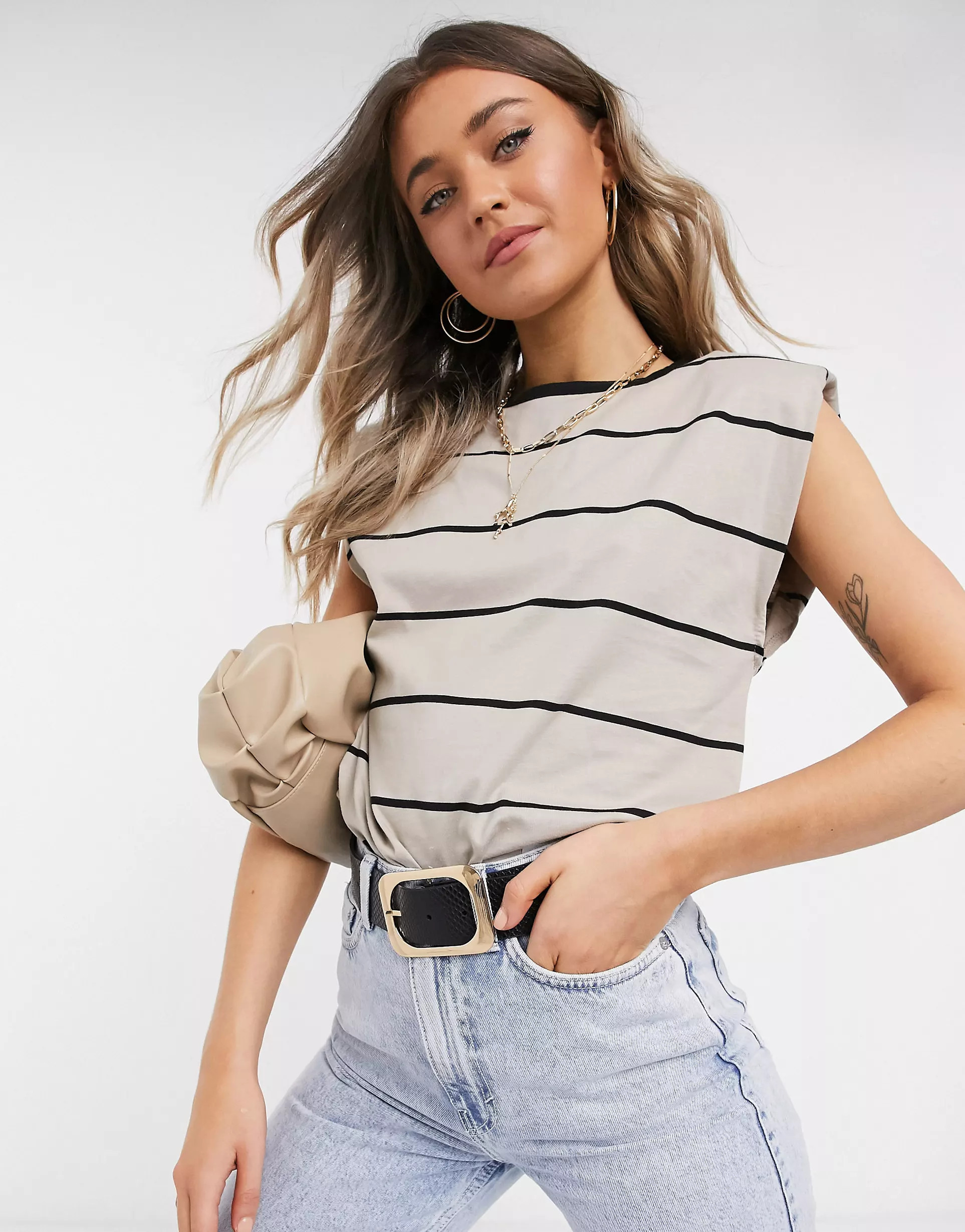 ASOS DESIGN sleeveless t-shirt with shoulder pad in stripe | ASOS (Global)