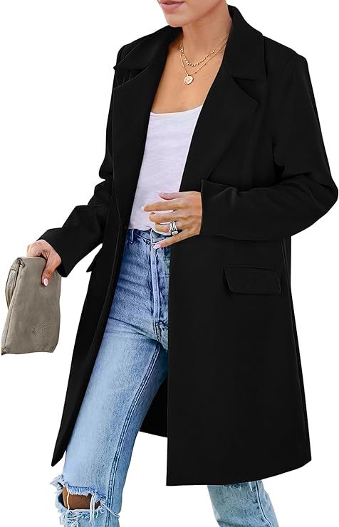 PRETTYGARDEN Women's 2023 Fall Long Blazer Jackets Long Sleeve Lapel Pockets Loose Fit Work Casua... | Amazon (US)