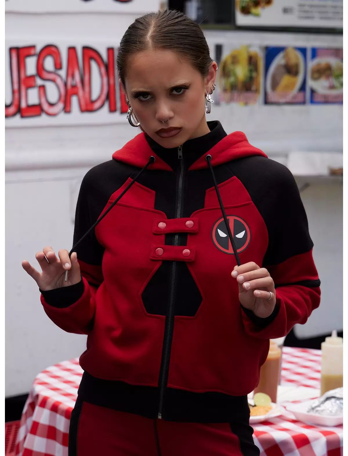 Her Universe Marvel Deadpool & Wolverine Deadpool Color-Block Girls Crop Hoodie | Hot Topic