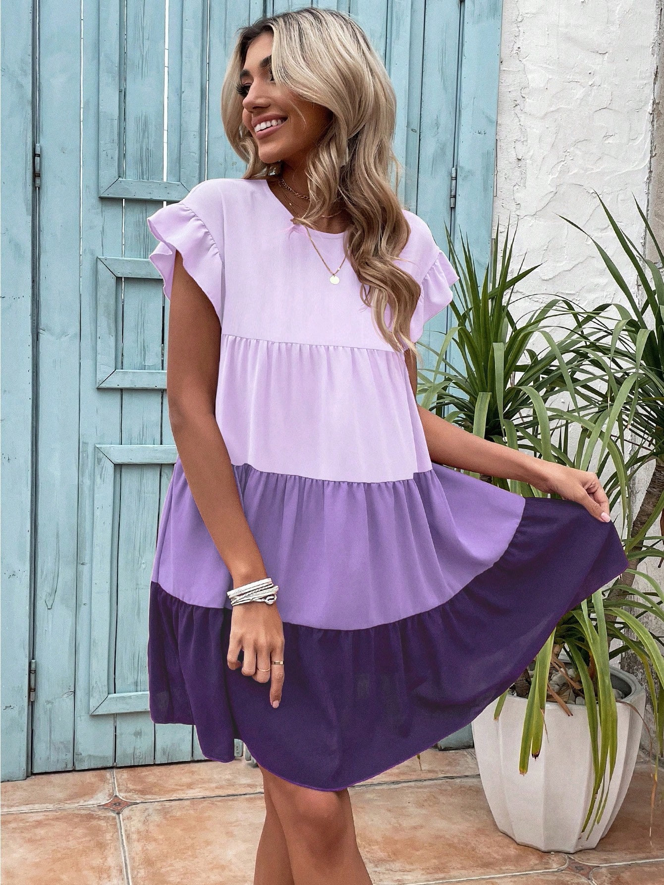 SHEIN LUNE Colorblock Flounce Sleeve Ruffle Hem Smock Dress | SHEIN