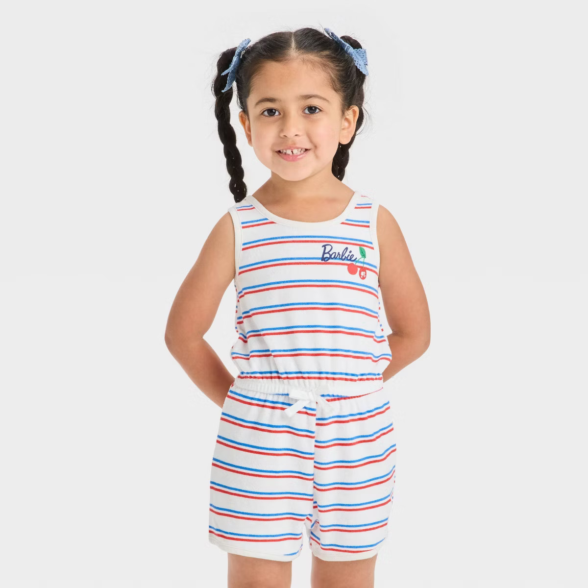 Toddler Girls' Barbie Americana Cherry Romper - Red/White/Blue | Target