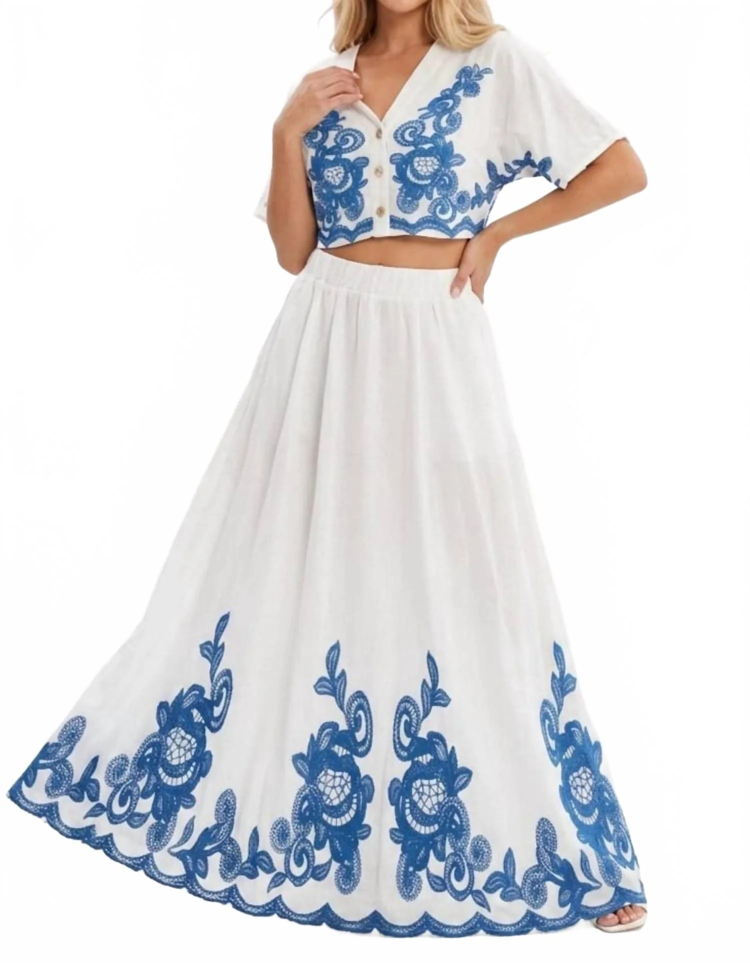Embroidered Two-Piece Maxi Skirt Set In Blue | Shop Simon