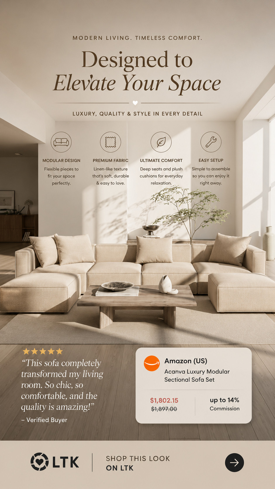This sofa is giving luxury minimalist dream home ✨
The soft cream tone, modular layout, and oversized seats make the whole space feel calm, expensive, and effortlessly modern.

I love how clean and architectural this design looks while still feeling super cozy and livable 🤍

Literally the kind of sofa that makes your home look Pinterest-worthy instantly.

#ltkhome #modernhome #cozyhome #interiordesign #amazonhome 

 #LTKHome