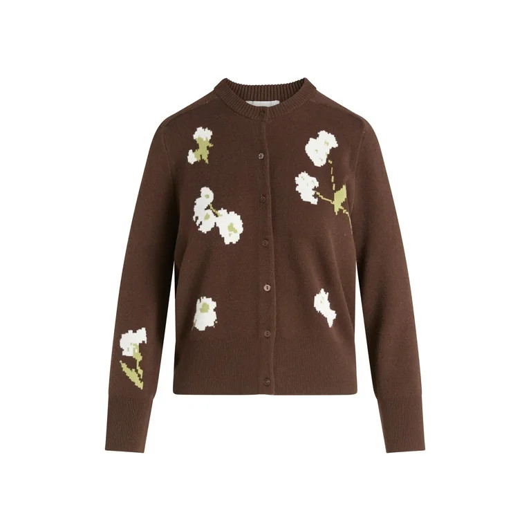 Free Assembly Women's and Women's Plus Floral Jacquard Shrunken Cardigan Sweater, Midweight, Size... | Walmart (US)