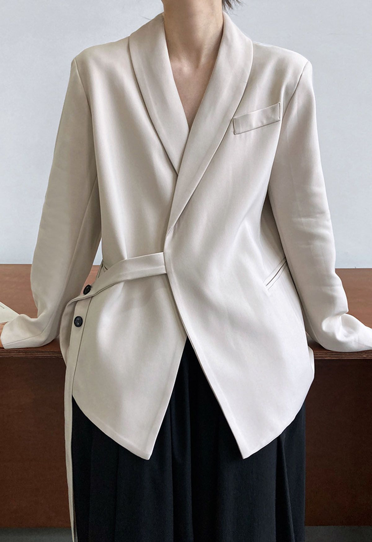 Shawl Collar Buttoned Waist Blazer in Ivory | Chicwish