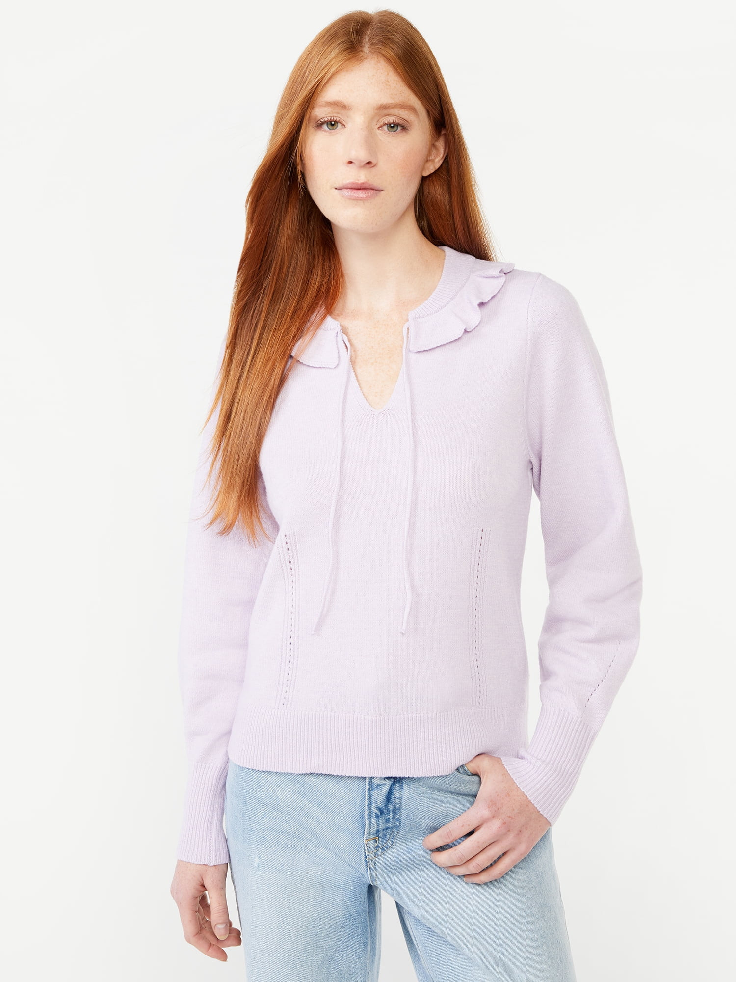 Free Assembly Women's Ruffle Collar Sweater, Lightweight - Walmart.com | Walmart (US)