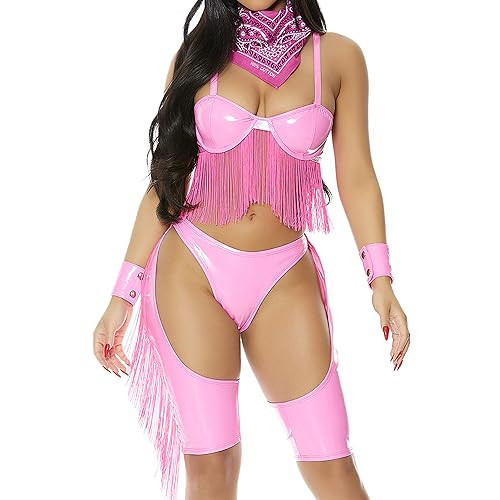 Forplay Women's Shiny Vinyl Cowgirl Costume Print 4-Piece Halloween Outfit with Bra, Panty With Chaps, Wristcuffs, and Bandana, Pink, XS/S | Amazon (US)