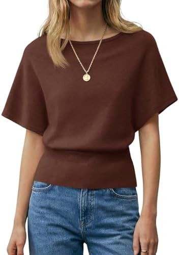 Saodimallsu Womens Boat Neck Summer Tops Batwing Dolman Short Sleeve Trendy Ribbed Knit Cinched W... | Amazon (US)
